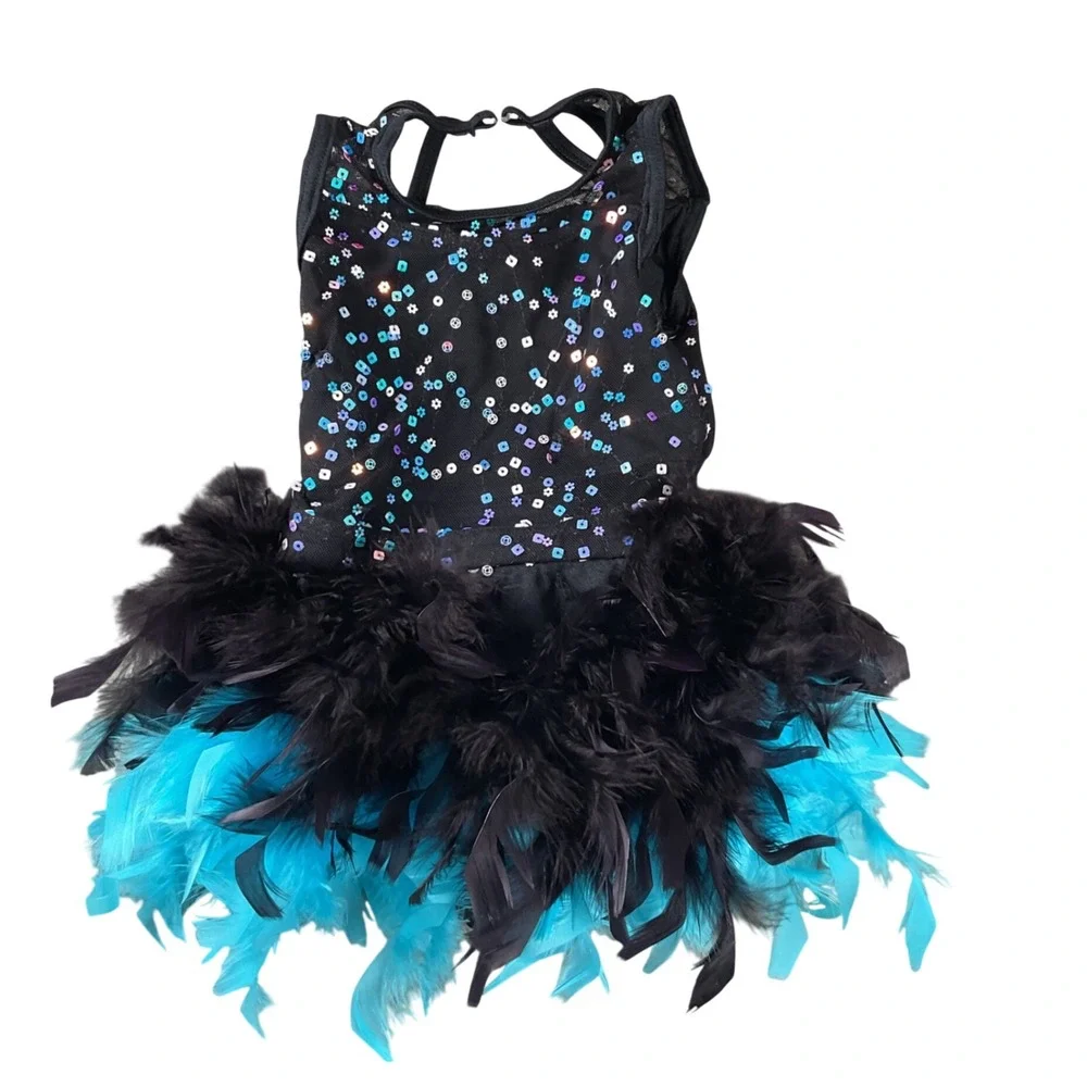 Weissman Dance Leotard Kids XSC Black Turquoise Sequin Feather Costume 13601